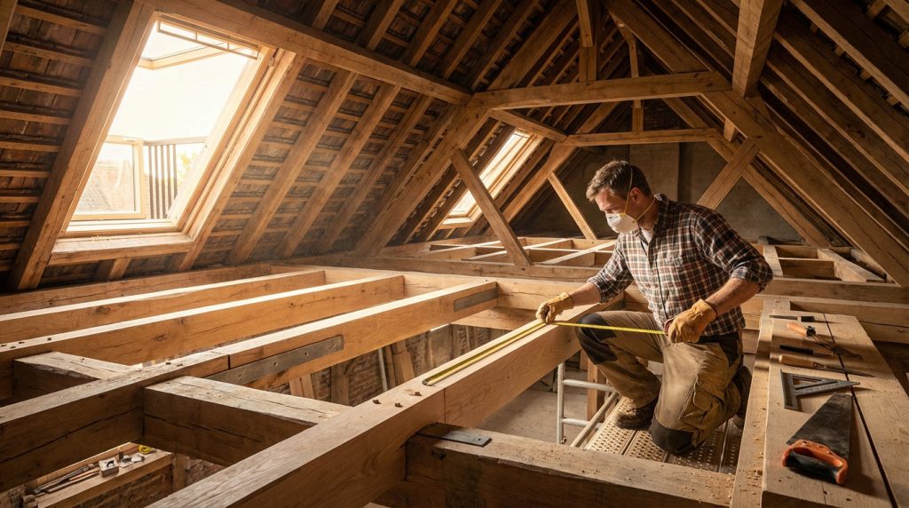 Man in mask and work attire measures wooden beams in a sunlit attic's detailed roof framework renovation. Tools nearby.