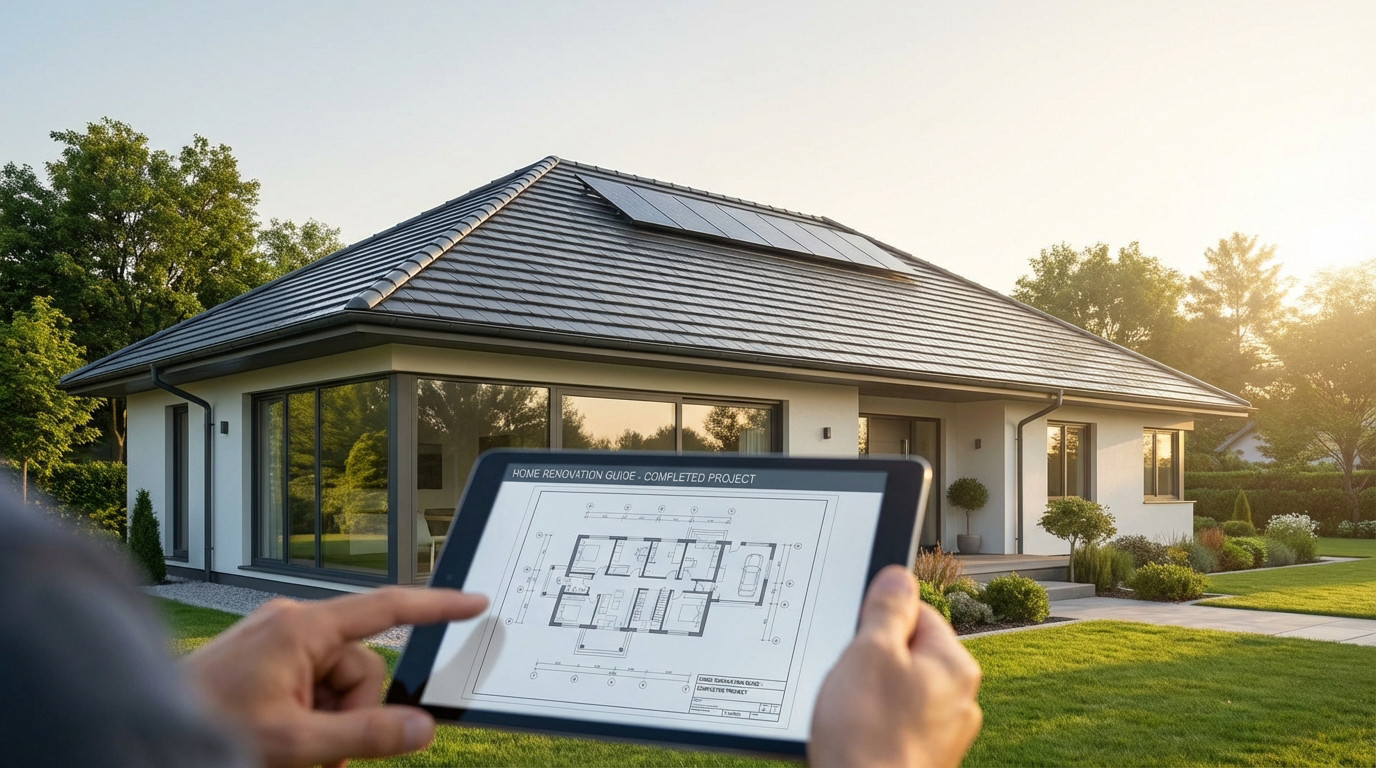 Hands holding a tablet with architectural plans in front of a modern, renovated house with a dark roof and solar panels, bathed in morning light.