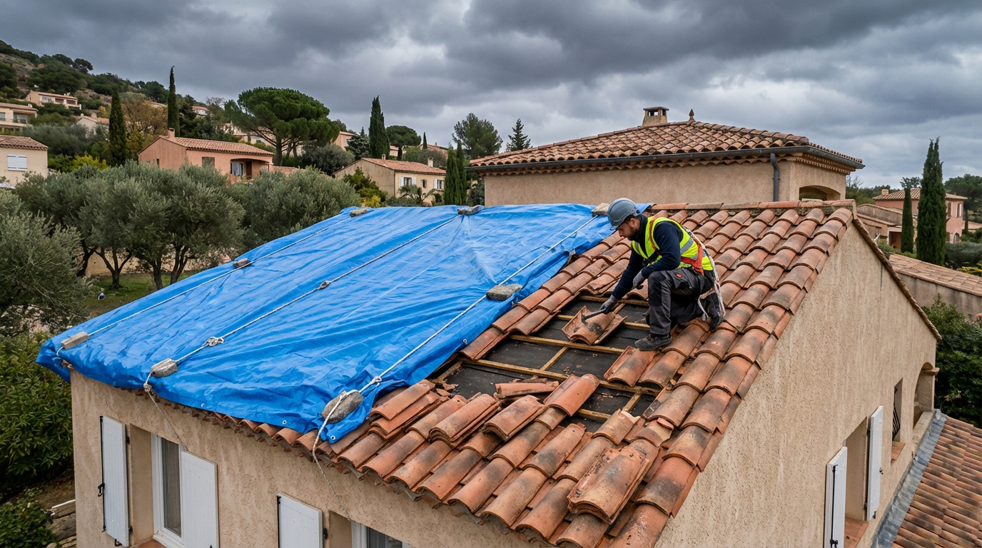 Ouvrier réparant une toiture en tuiles endommagée, partiellement couverte par une bâche bleue, sous un ciel nuageux.