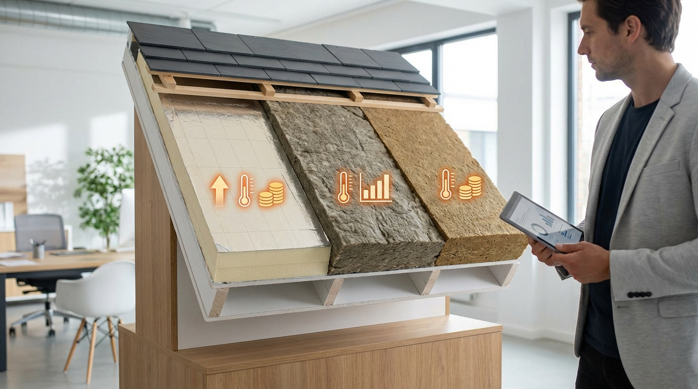 Un homme analyse un modèle de toit comparant trois types d'isolants avec des icônes de performance thermique et de coût.