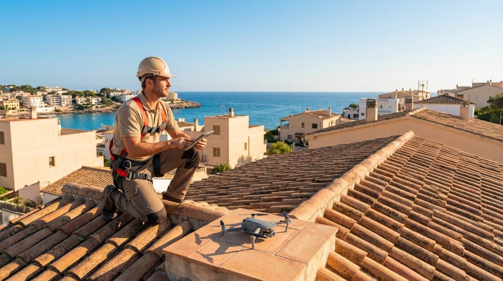 Un couvreur sur un toit en tuiles avec une tablette et un drone, surplombant la mer Méditerranée et des maisons.