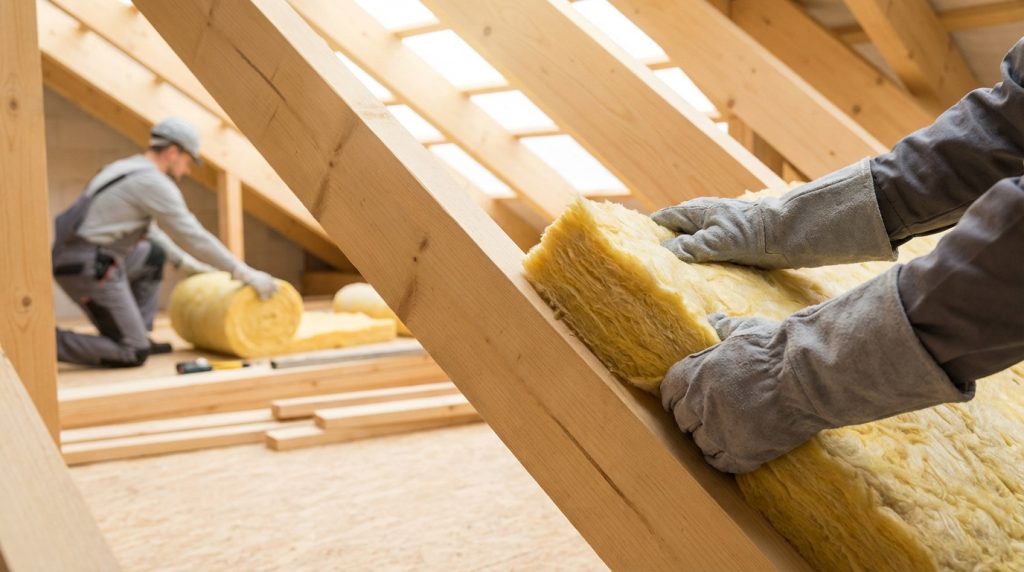Deux ouvriers installent de la laine de verre entre les chevrons d'un grenier, assurant l'isolation thermique du toit.