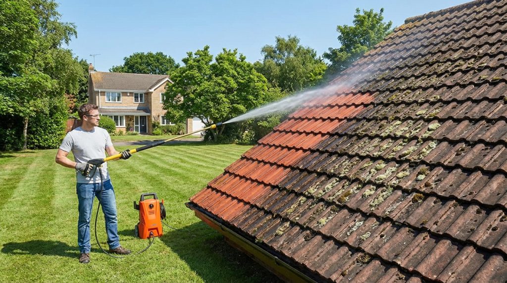 Homme nettoyant une toiture sale avec un nettoyeur haute pression, montrant la différence entre les tuiles couvertes de mousse et les tuiles propres.