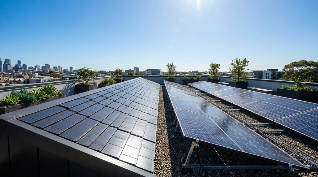 Vue aérienne d'un toit urbain avec tuiles solaires intégrées et panneaux photovoltaïques traditionnels. Ville en arrière-plan sous un ciel bleu.
