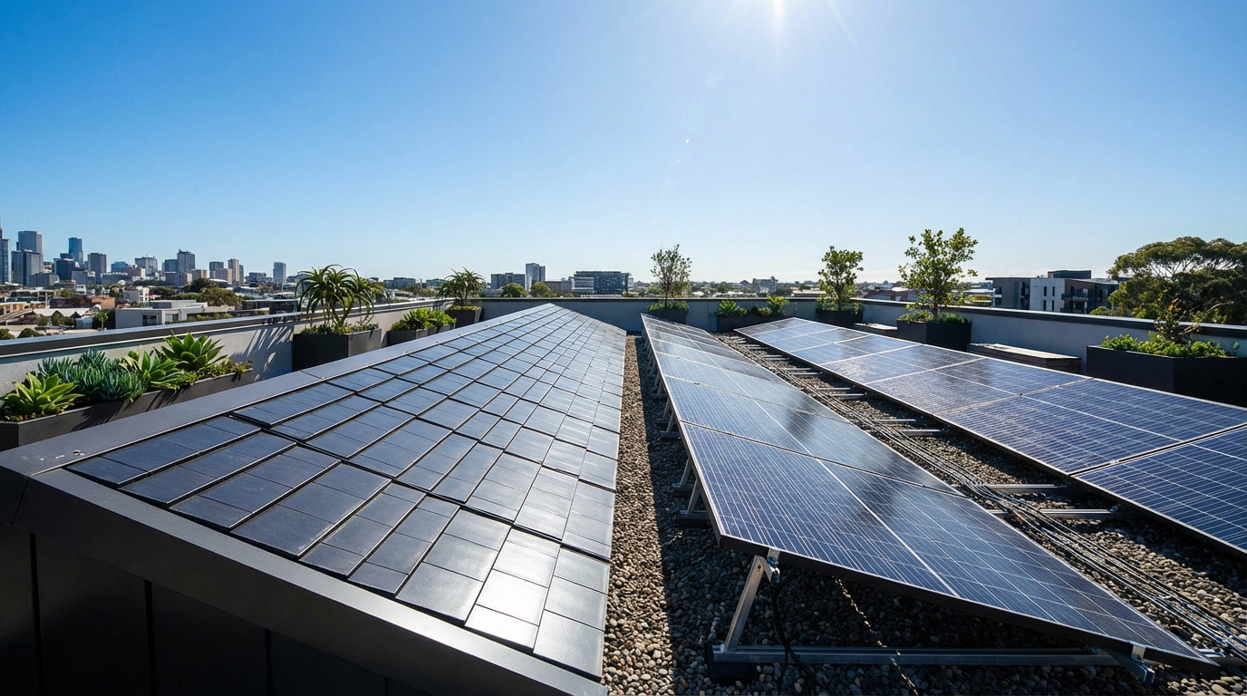 Vue aérienne d'un toit urbain avec tuiles solaires intégrées et panneaux photovoltaïques traditionnels. Ville en arrière-plan sous un ciel bleu.