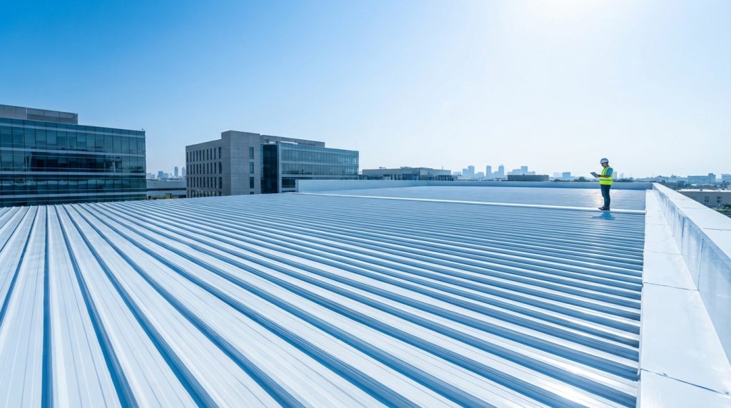 Ingénieur sur un immense toit en bac acier, observant les bâtiments et la ville sous un ciel bleu dégagé.