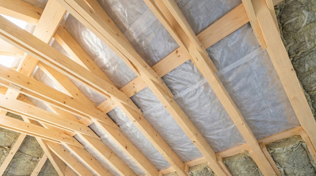 Structure de toit en bois avec un pare-vapeur blanc translucide et de l'isolation de laine minérale verte-grise entre les chevrons.