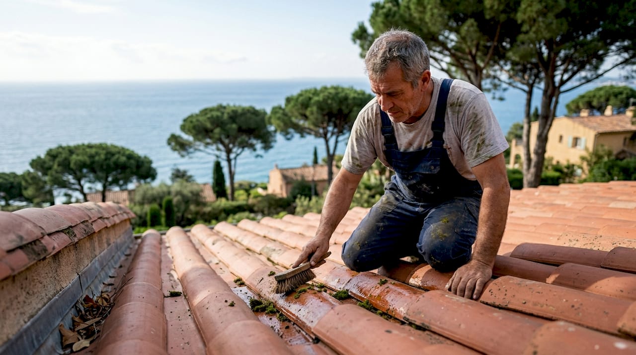 Nettoyage de toitures en tuiles par un couvreur spécialisé sur la côte méditerranéenne