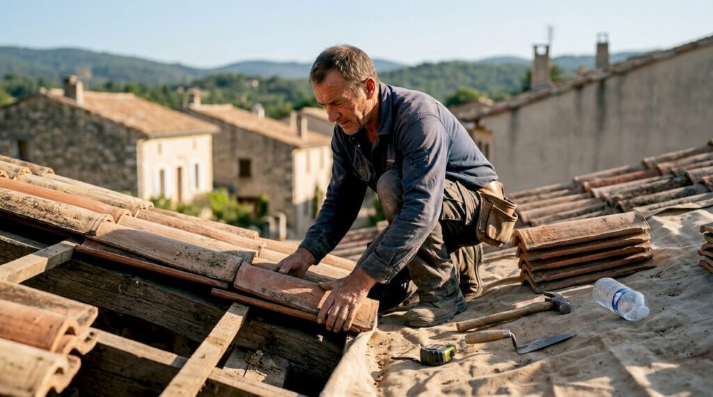 Pose de tuiles canal par un artisan couvreur sur une toiture traditionnelle