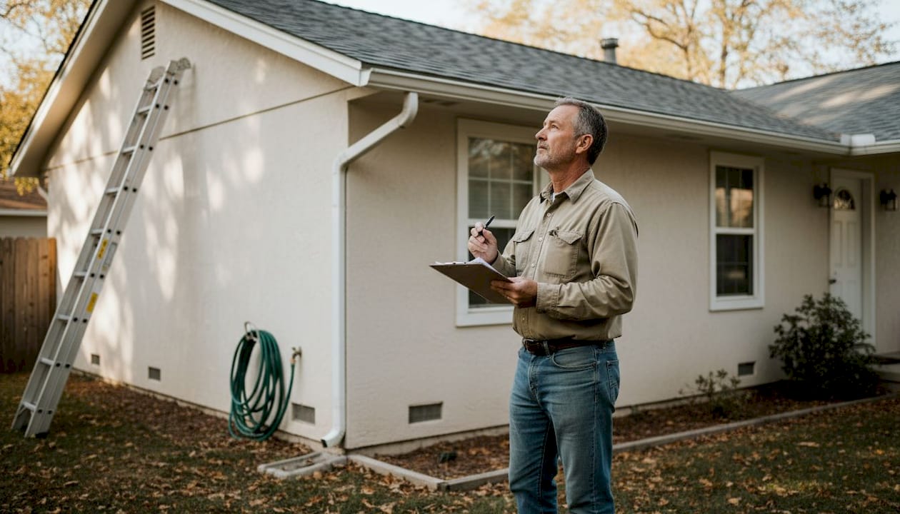 Un propriétaire examine l’état de sa toiture depuis le sol, en s’aidant d’une échelle pour mieux observer.