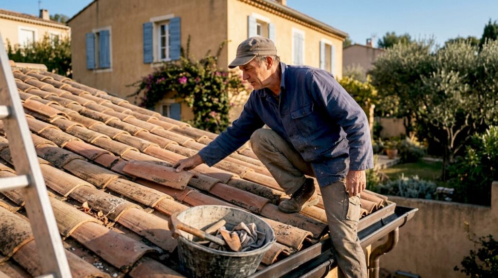 Un artisan couvreur de la région procède à l’inspection d’une toiture typiquement provençale sur une maison de particuliers.