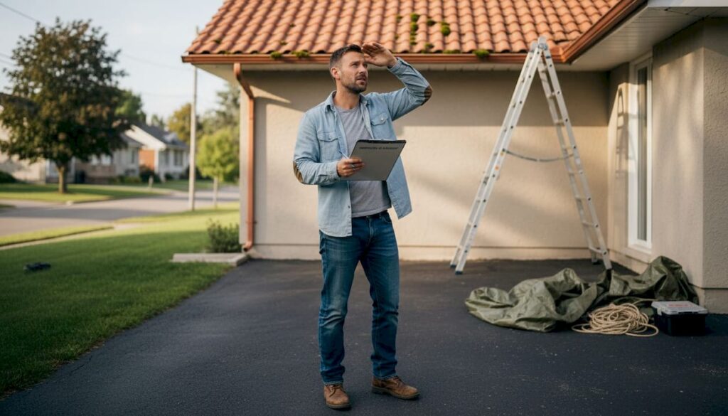 Un professionnel de la maintenance procède à un contrôle visuel de la toiture d’une maison.