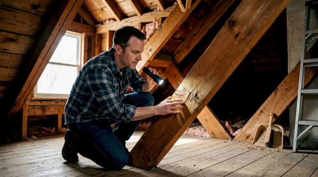 Le propriétaire examine attentivement les poutres en bois dans les combles de sa maison.