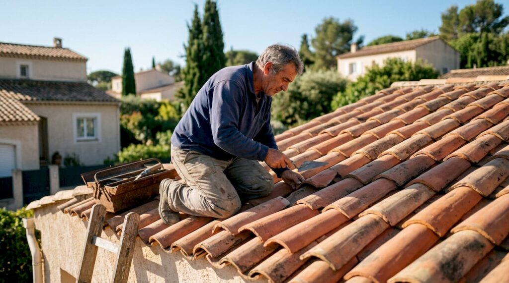 Un artisan couvreur procède à l’inspection d’une toiture en tuiles sur une maison individuelle.