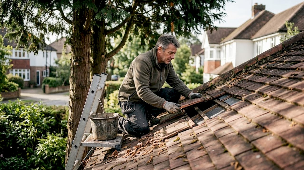 Un couvreur examine minutieusement une toiture en tuiles dans un lotissement résidentiel.