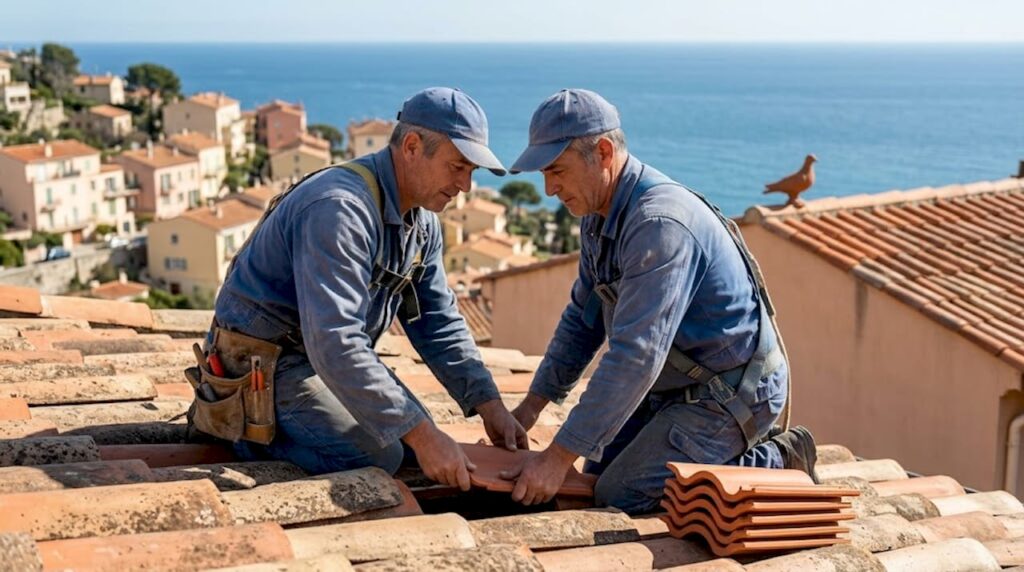 Un couvreur en train de remplacer des tuiles sur le toit d’une maison de style méditerranéen.