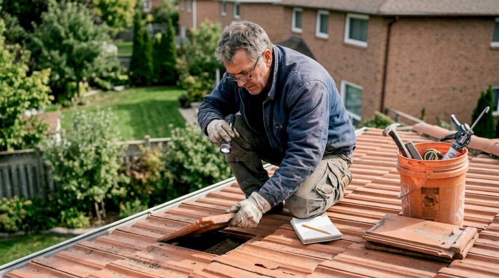 Un couvreur procède à l’inspection d’une toiture en tuiles en terre cuite.