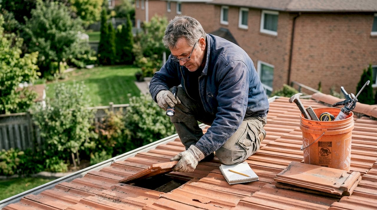 Un couvreur procède à l’inspection d’une toiture en tuiles en terre cuite.