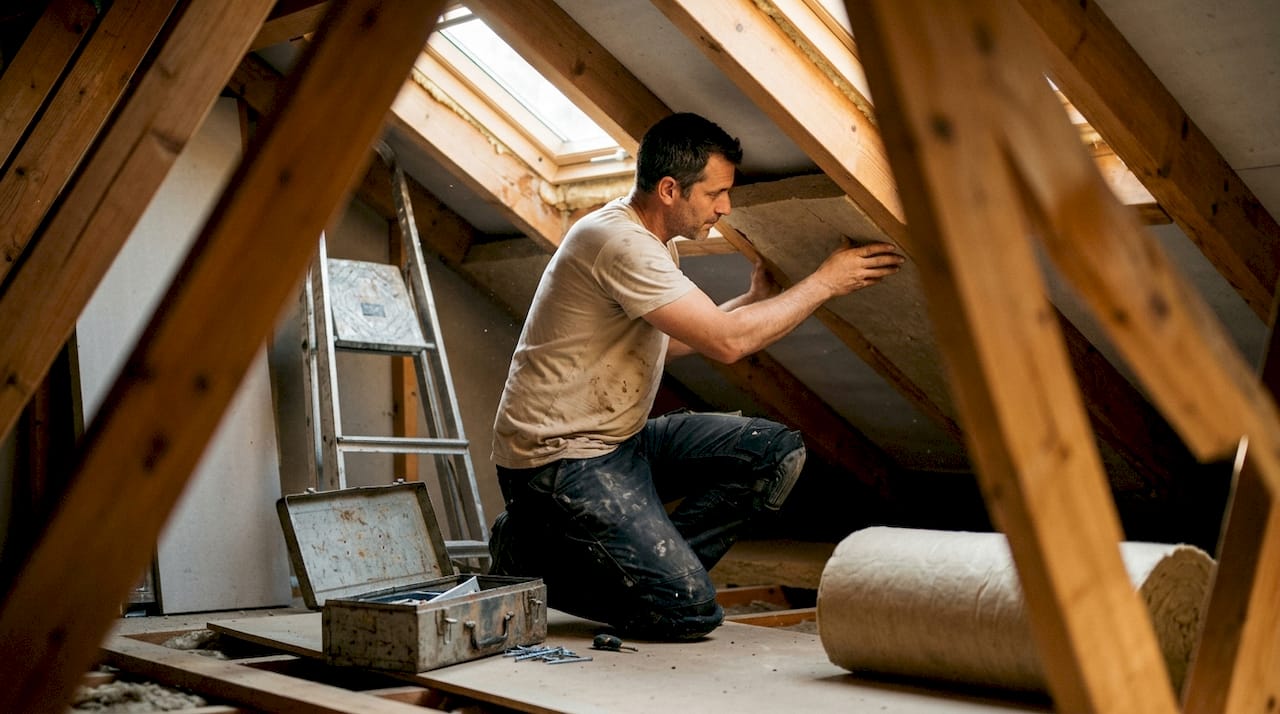Un couvreur procède à la pose d’une isolation sous la toiture en bois.