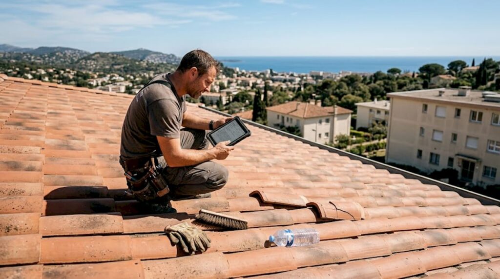 Un couvreur procède à l’inspection de la toiture d’un immeuble dans les Alpes-Maritimes.
