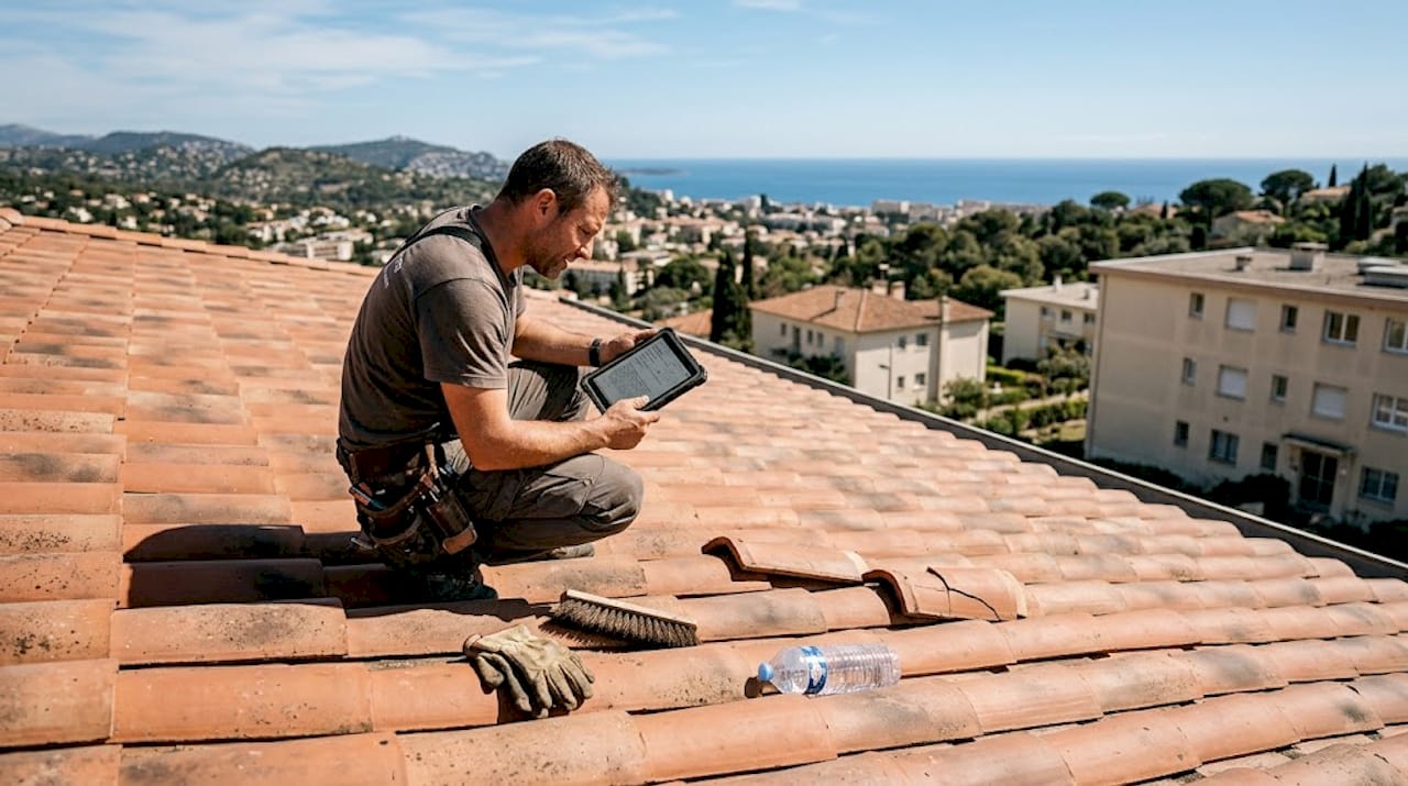 Un couvreur procède à l’inspection de la toiture d’un immeuble dans les Alpes-Maritimes.