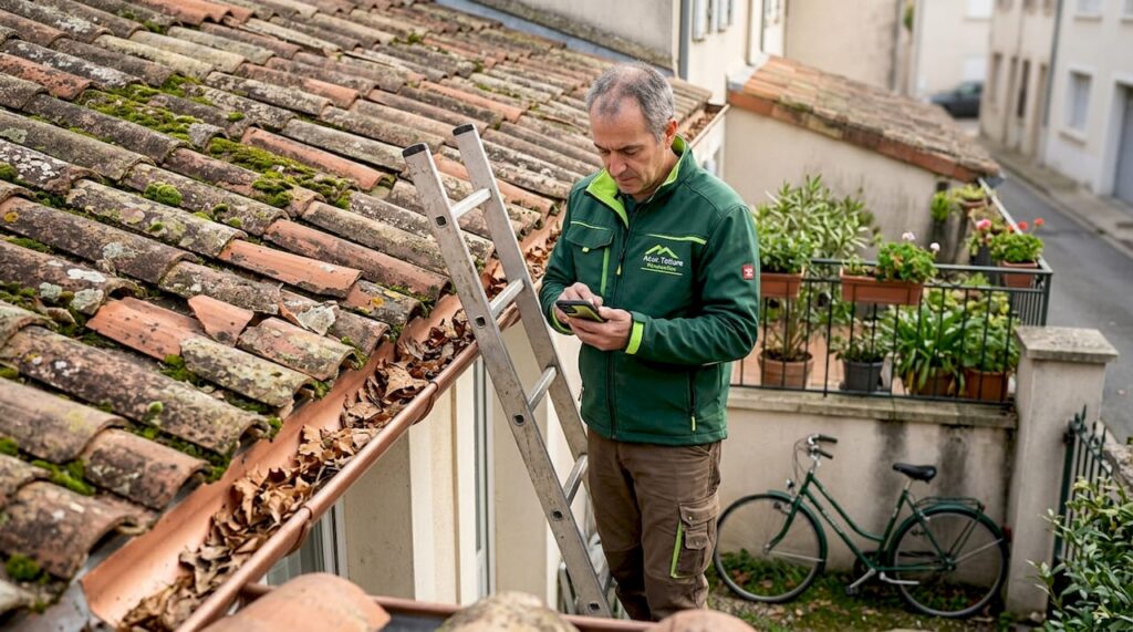 Un professionnel de la toiture examine un toit négligé, à la recherche de signes de dégradation ou de réparations nécessaires.