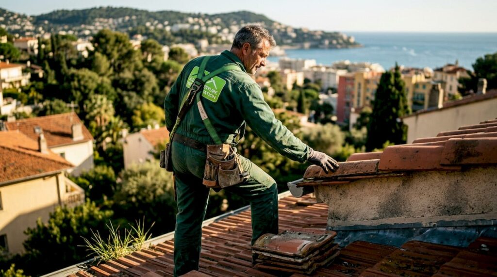 Un couvreur examine attentivement une toiture en tuiles méditerranéennes sous la lumière du soleil.