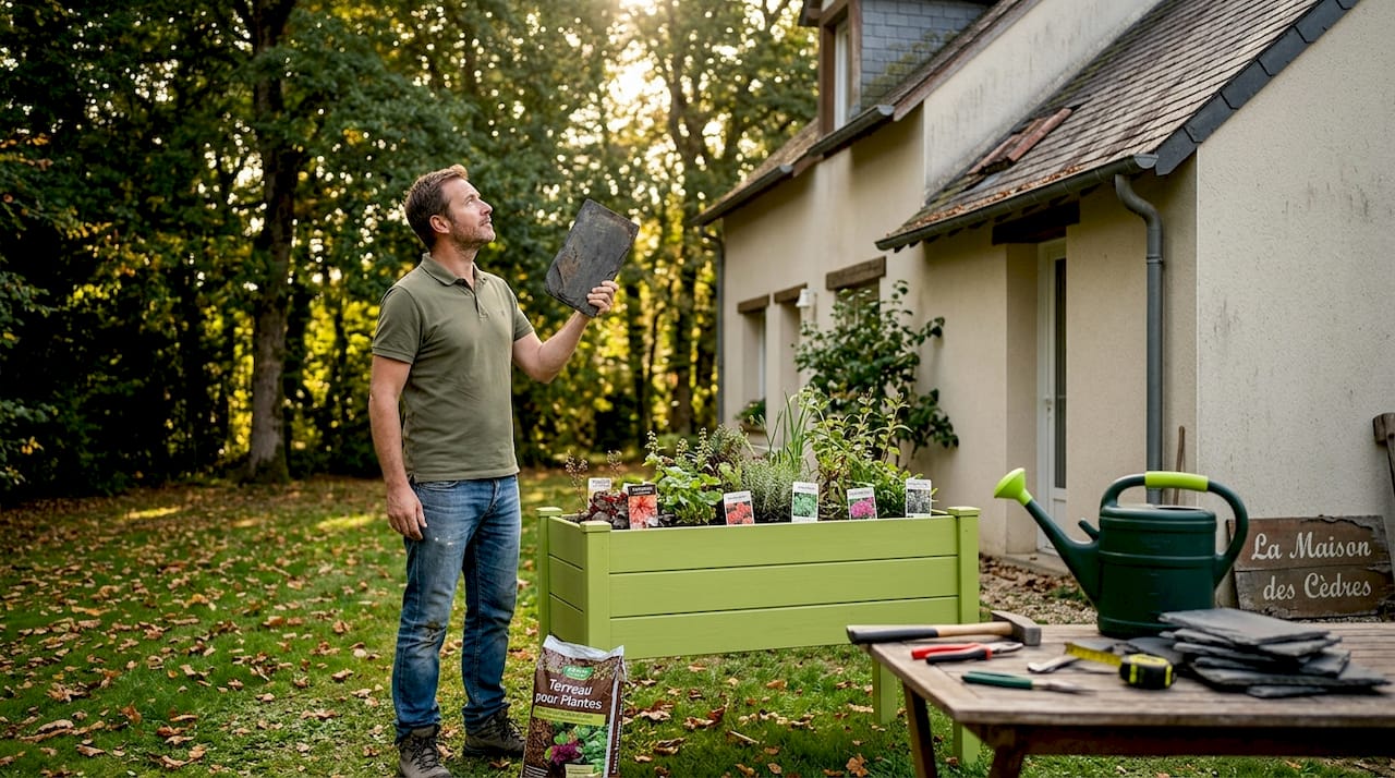 Le propriétaire examine le toit végétalisé de son jardin pour s’assurer qu’il est en bon état.