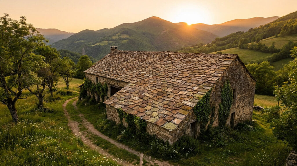 Vieille maison en pierre avec un toit en lauze traditionnel, dans un paysage montagneux verdoyant, éclairée par le soleil couchant.