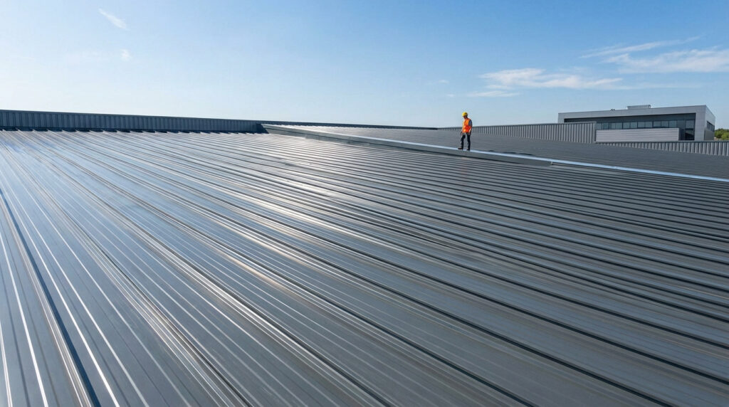 Grand toit industriel en bac acier gris sous ciel bleu, avec un ouvrier en EPI marchant sur la pente du toit.