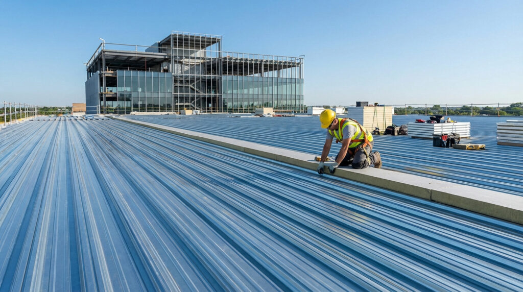 Ouvrier en équipement de sécurité posant des panneaux isolants sur une toiture bac acier. Bâtiment moderne en arrière-plan.