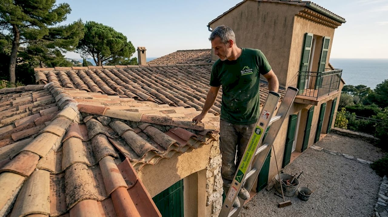 Un artisan couvreur examine minutieusement le toit d’une villa typique de la région provençale.
