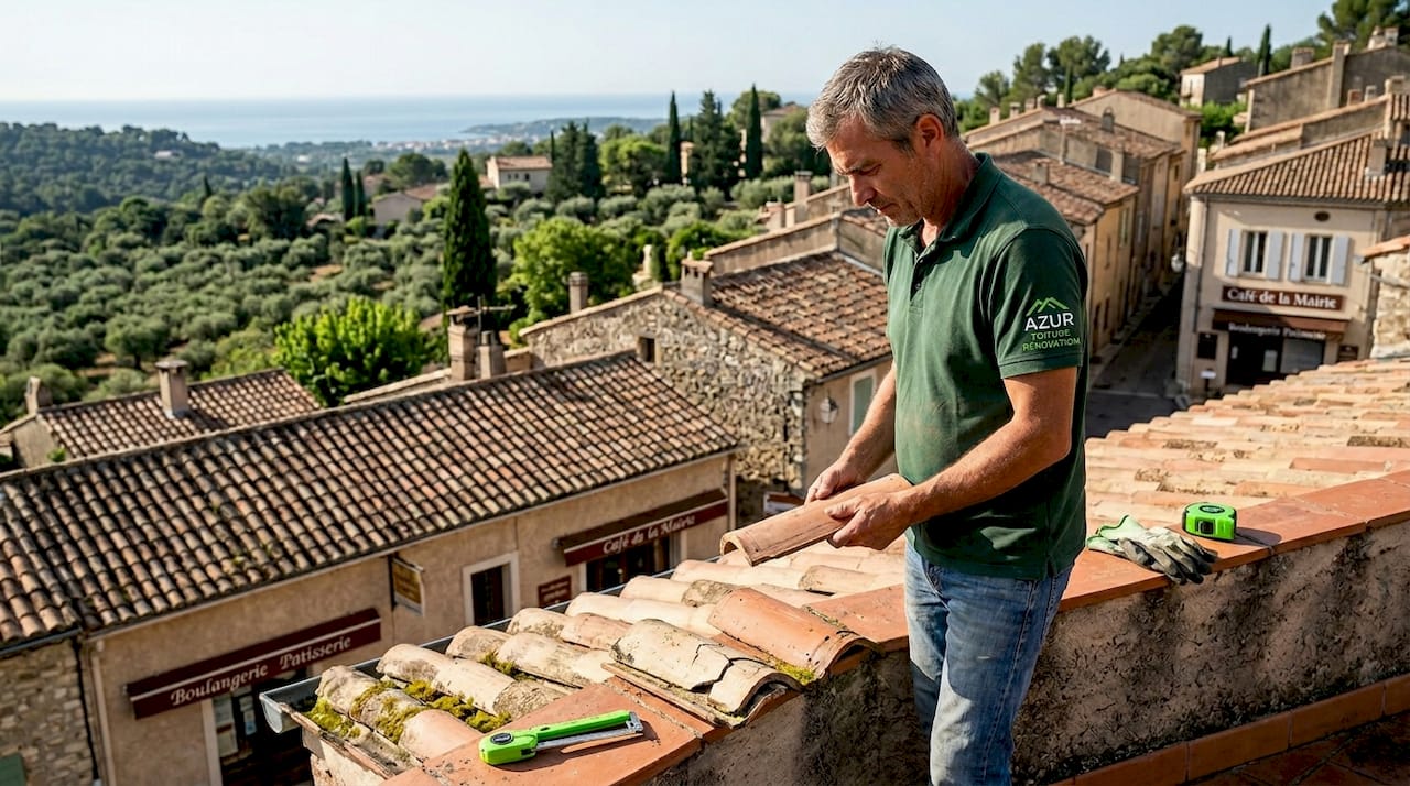 Artisan couvreur examinant des tuiles en terre cuite sur un toit de la Côte d’Azur