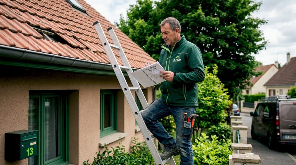 Un couvreur examine l’état de la toiture en montant sur une échelle.