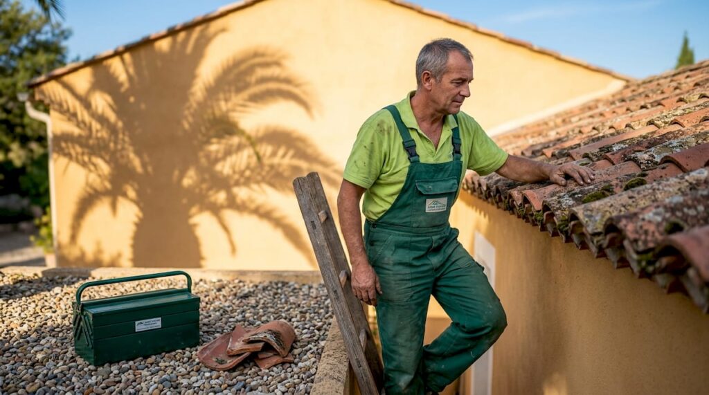 Un artisan couvreur examine l’état d’une toiture baignée par le soleil du Sud.