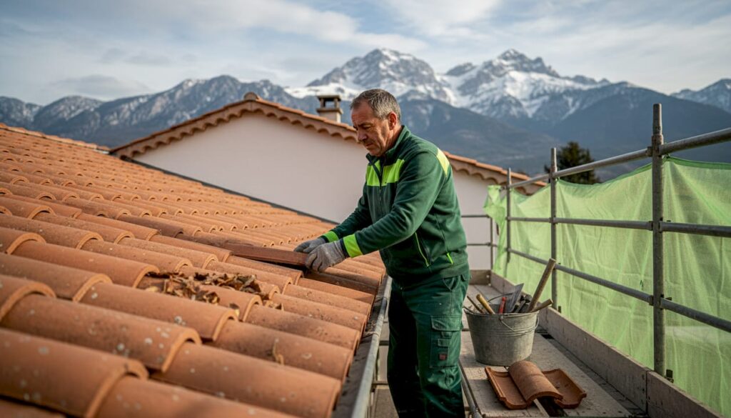 Un couvreur examine l’état des tuiles sur le toit d’une maison située dans le sud de la France.
