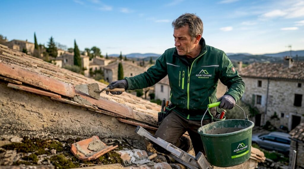 Artisan couvreur en pleine réfection du faîtage sur une toiture ancienne