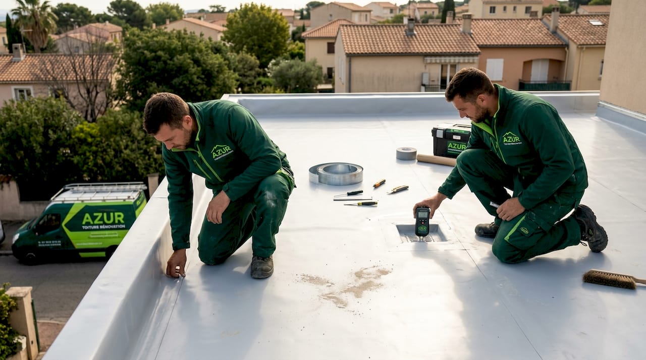 Des spécialistes de la toiture procèdent à l’inspection d’une terrasse sur toit plat.