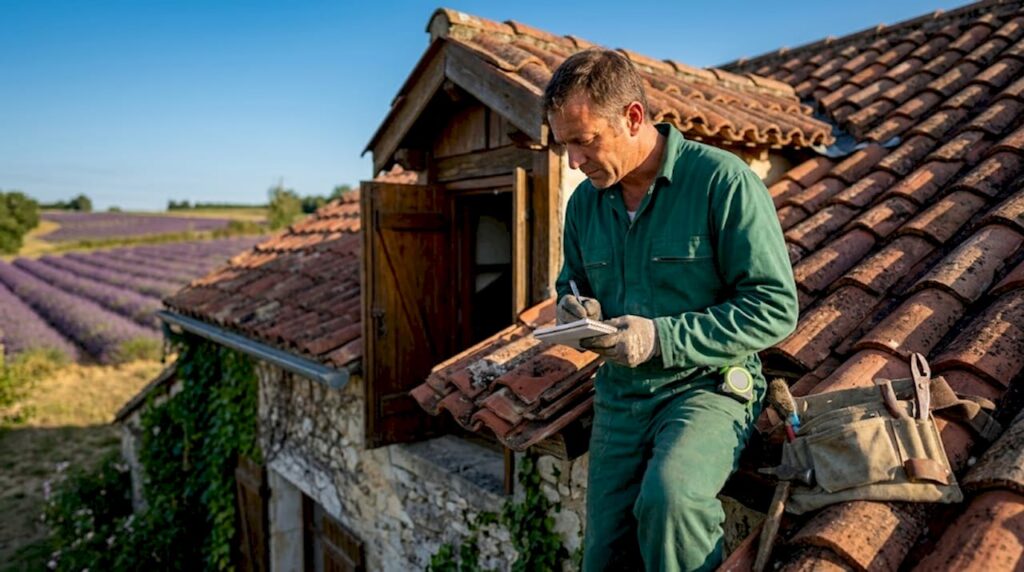 Un professionnel du bâtiment examine minutieusement la toiture d’une maison sous un beau soleil.