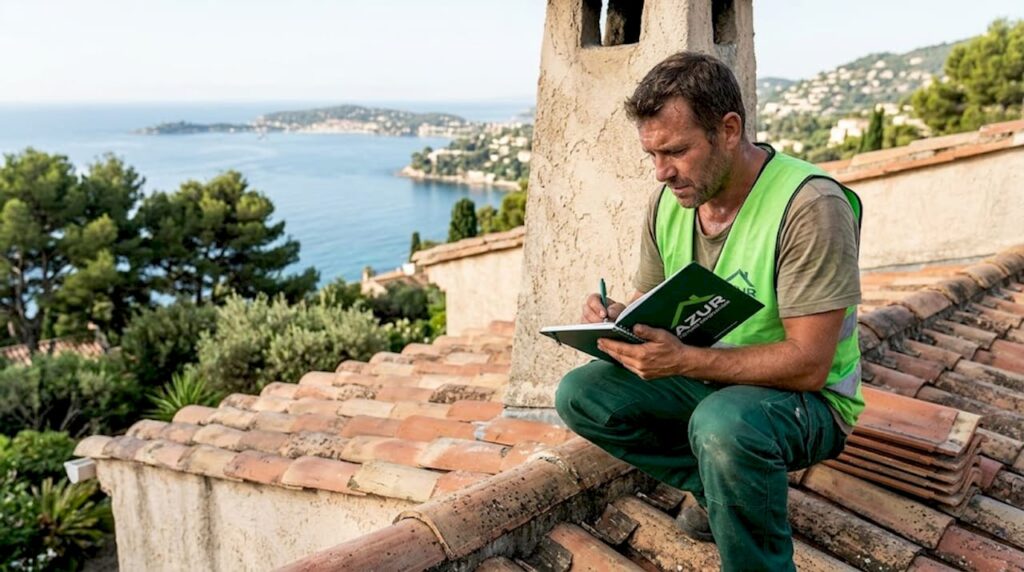 Un expert en toiture inspecte des tuiles en terre cuite sur une maison avec vue sur la Méditerranée.