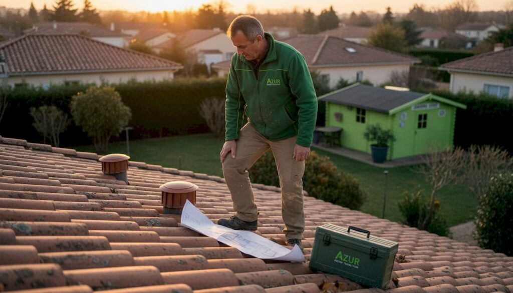 Un professionnel inspecte le système de ventilation sur le toit d’une maison.