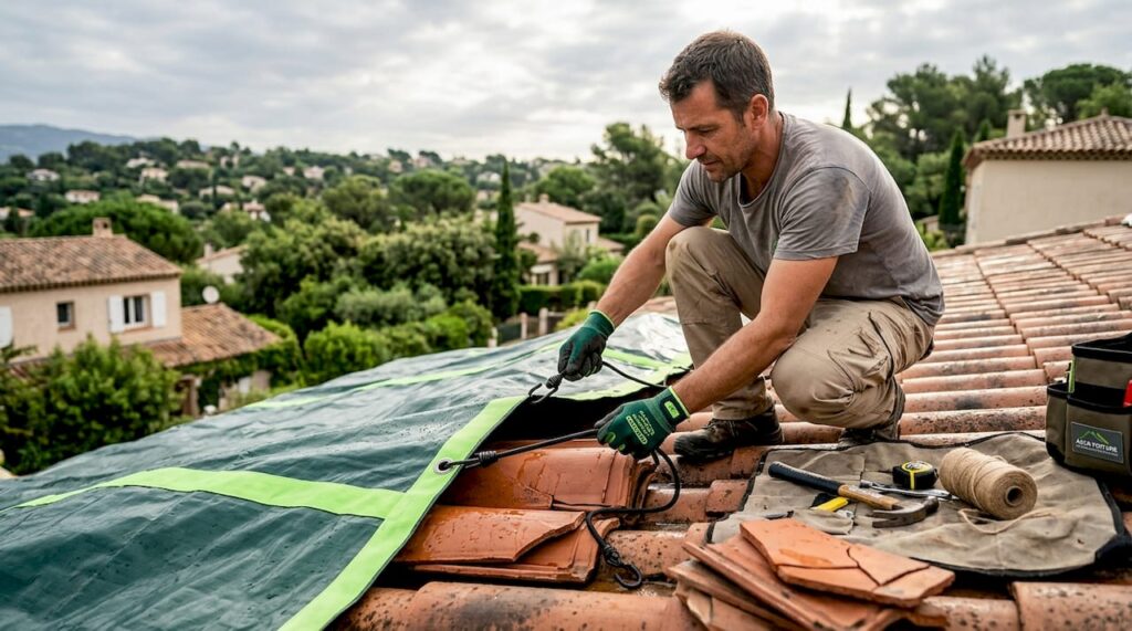 Un couvreur fixe une bâche sur le toit pour protéger la maison après les dégâts causés par la tempête.