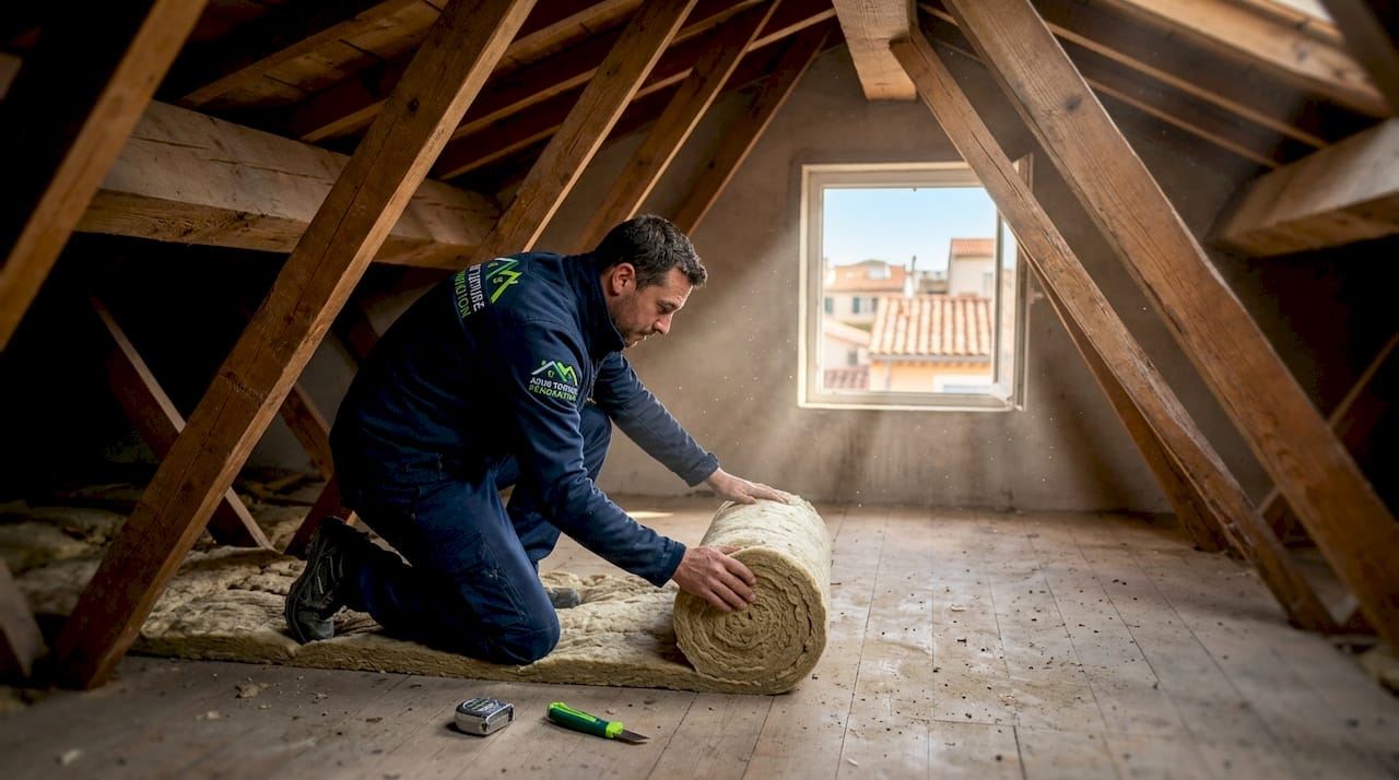 Un artisan est en train de poser de la laine de roche dans les combles pour améliorer l’isolation de la maison.