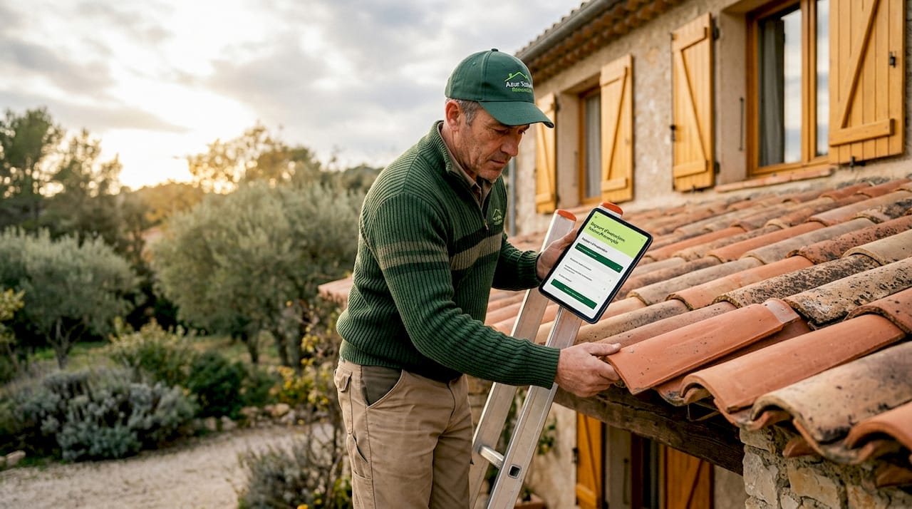 Un artisan couvreur réalise une inspection de toiture sur une maison dans les Alpes-Maritimes.