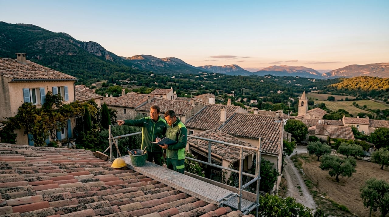 Des couvreurs examinent minutieusement une toiture typique de Provence depuis leur échafaudage.