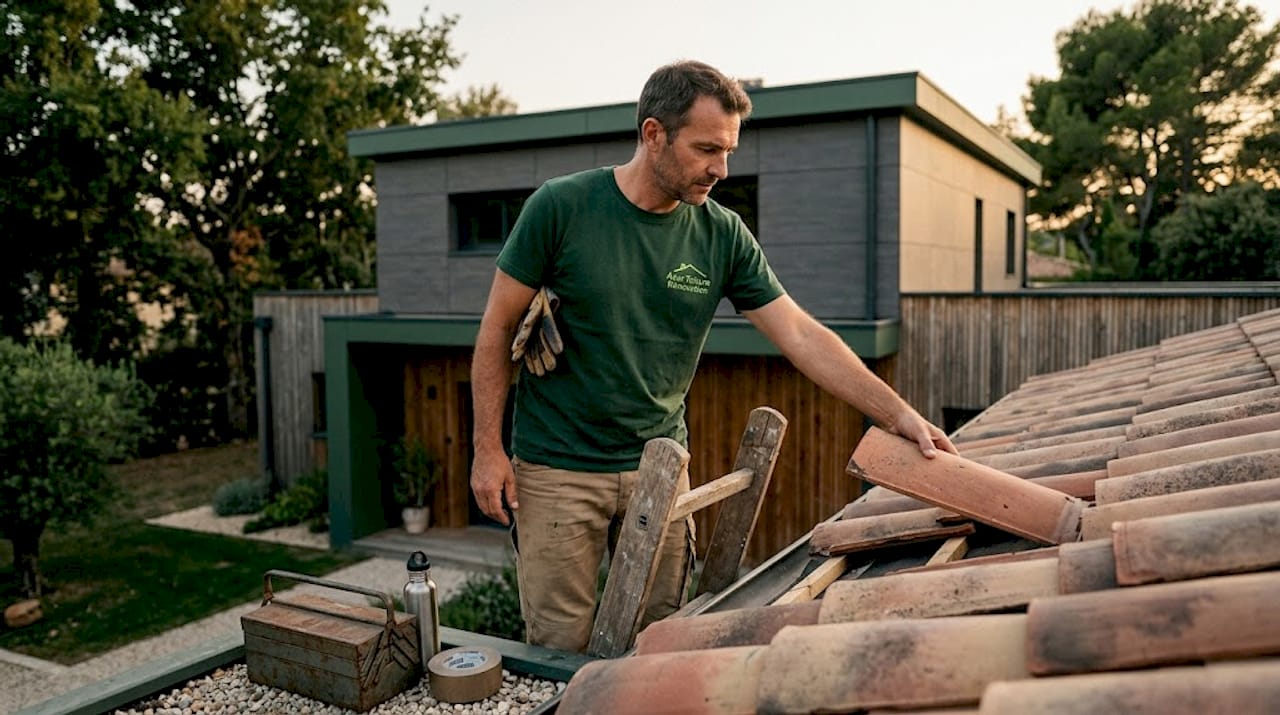 Un professionnel de la toiture examine le grillage de protection installé sous les tuiles.