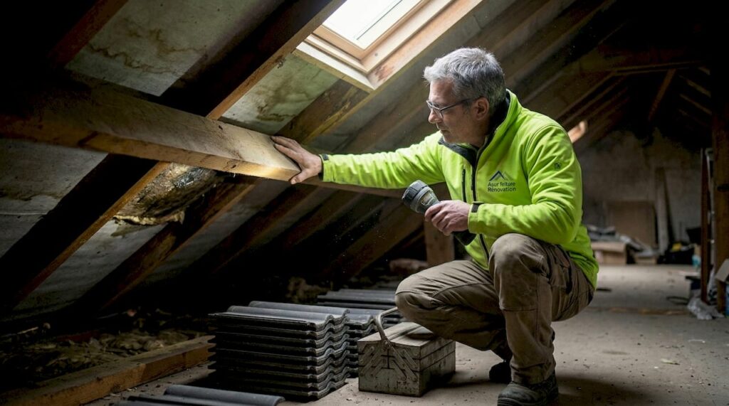 Un couvreur examine les traces de condensation sous la toiture du grenier afin de détecter d’éventuels problèmes d’humidité.