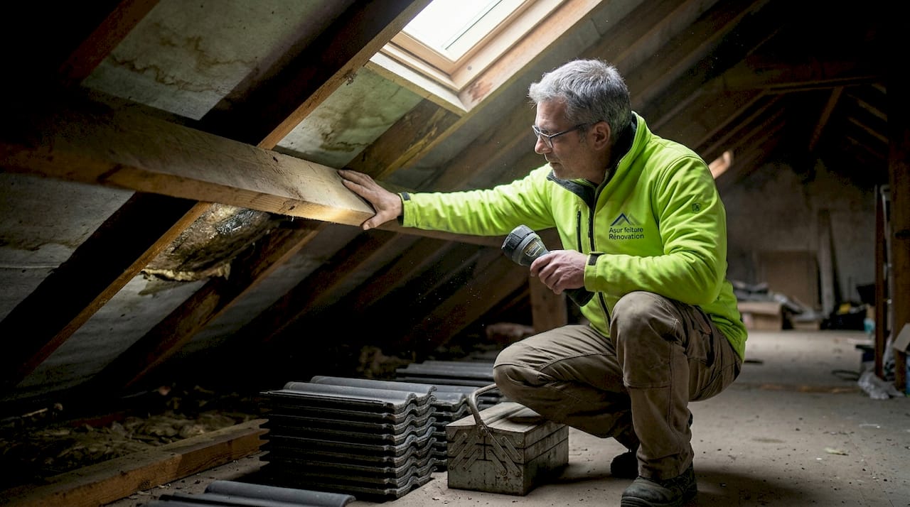 Un couvreur examine les traces de condensation sous la toiture du grenier afin de détecter d’éventuels problèmes d’humidité.