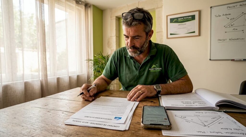 Un couvreur vérifie ses diplômes et attestations posés sur la table avant de commencer son chantier.