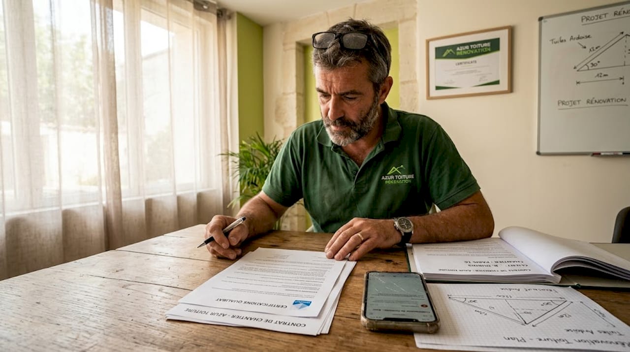 Un couvreur vérifie ses diplômes et attestations posés sur la table avant de commencer son chantier.